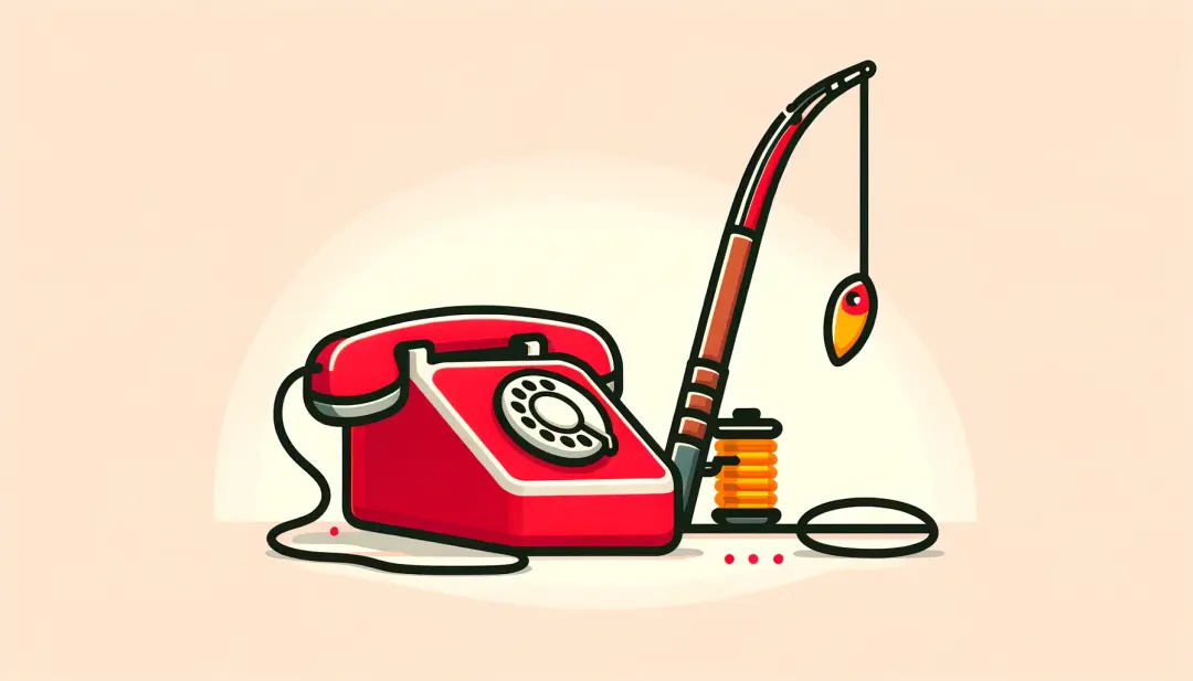 En bild på en gammal telefon och ett fiskespö